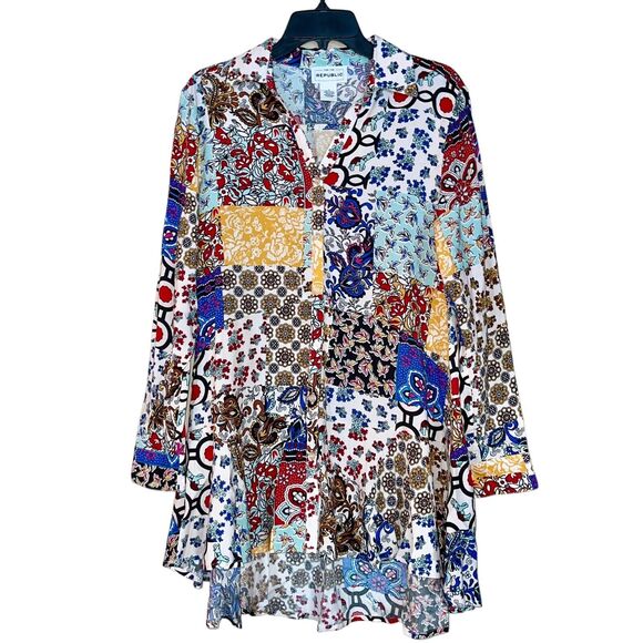 Tunic Boho Blouse Elephants Patchwork Flounce Hem - Picture 2 of 8